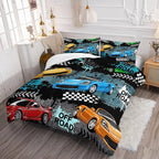 Axolotl Car Comforter Set Full Size,Cool Speed Race Car Comforter for Kids Boys Girls Teens Bedroom,Extreme Sport Quilt Duvet 1 Comforter 2 Pillowcase Car Racing Gifts,Blue Red Orange