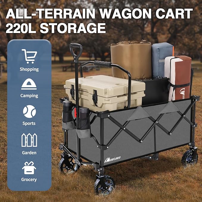 Moon Lence Collapsible Folding Wagon Cart Heavy Duty Folding Garden Portable Hand Cart with All-Terrain Beach Wheels, Adjustable Handle & Drink Holders (Grey)