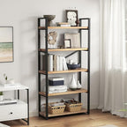 5 Tier Bookshelf Rustic Industrial Style, Storage Shelves, Metal Book Shelves Bookcase Book Shelf Display Shelf for Home Office, Living Room, Bedroom, Kitchen (31.5" W, Brown)