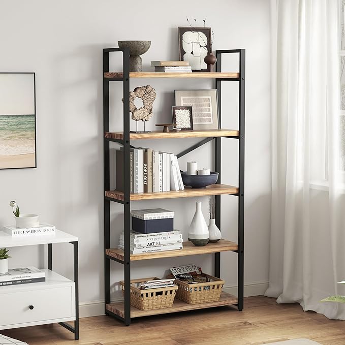 5 Tier Bookshelf Rustic Industrial Style, Storage Shelves, Metal Book Shelves Bookcase Book Shelf Display Shelf for Home Office, Living Room, Bedroom, Kitchen (31.5" W, Brown)