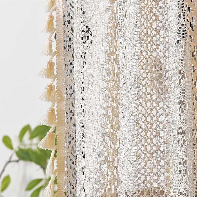 Sutuo Home Boho Sheer Curtain Valance Tier Crochet Lace with Bohemian Hollow Knitted Handmade Tassels, Short Farmhouse Window Treatment for Kitchen Cafe, Rod Pocket, 1 Panel 59" W x 36" L, Beige