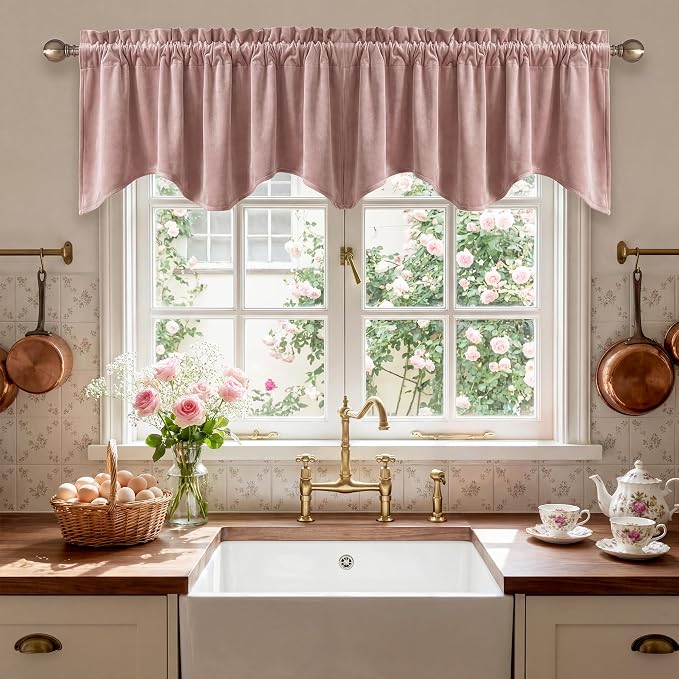 Dusty Rose Valance for Windows 52x18 Inch 1 Panel | Spring Decor, Elegant Wavy Mauve Kitchen Curtains, Soft Decorative Velvet Window Treatment for Girls Room, Bedroom, Bathroom