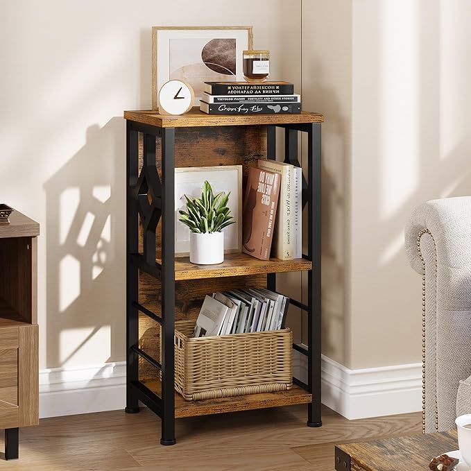 YITAHOME Small Bookshelf, 3 tier Farmhouse Bookshelf with Storage,Short Bookshelf for Small Spaces,Mini Shelf Stand,Open Bookcase for Bedroom Office Bathroom Living Room, Rustic Brown