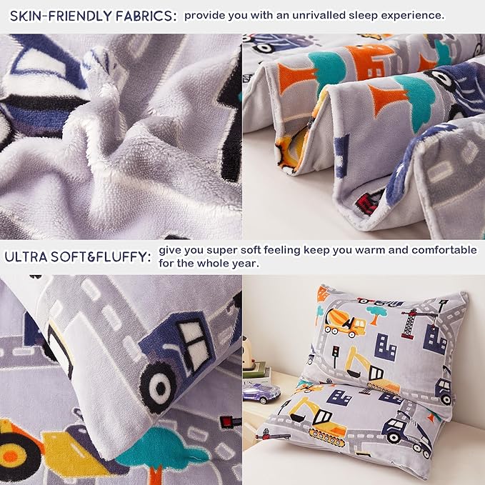 Mooreeke Glow in The Dark Twin Plush Fleece Comforter Bed Set, Soft & Warm 2 Piece Bed in A Bag with Sham, Velour Velvet Grey Excavator Highway Boys Kids Bedding Set, Fluffy Fuzzy Polar Cozy
