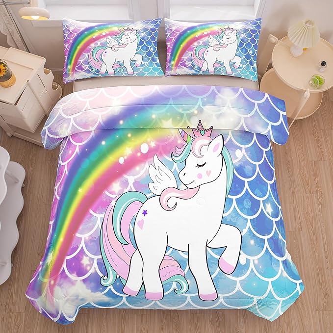 Tailor Shop Unicorn Comforter Sets King Size,Blue Unicorn Bedding Sets for Girls Kids Teens with 2 Pillowcase……