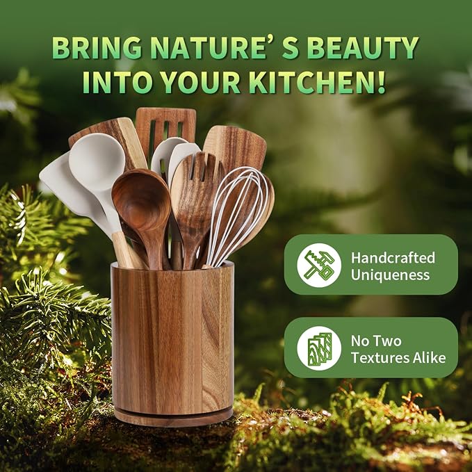 Acacia Wood Utensil Holder, 360° Rotating 7.3 in Kitchen Organizer | Rustic farmhouse countertop decor. Rotating base for easy access to spatulas, spoons, and cooking utensils. 7.3-inch capacity