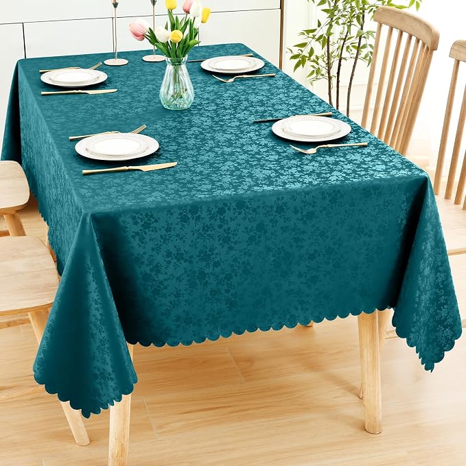 Smiry Rectangle Waterproof Heavy Duty Vinyl Tablecloths, 70 x 120 Inch | Wipeable Washable Floral Embossed Table Cover for Kitchen and Dining Room, Indoor & Outdoor Use, Emerald Green