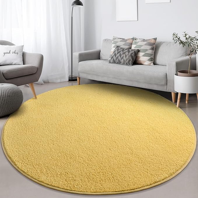 Round Area Rugs for Bedroom Living Room, 4x4 Yellow Super Soft Comfy Thickened Memory-Foam Indoor Circle Carpets, Modern Aesthetic Minimalist Carpet for Boys Girls Adults Nursery Home Décor