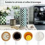 Miamolo Coffee Mugs with Stand and Spoons, Stacking Space-saving | 11oz, Set of 4 | Checkered Coffee Mug with Rack | Housewarming Birthday Gift | Dishwasher Safe | for Home Kitchen Office