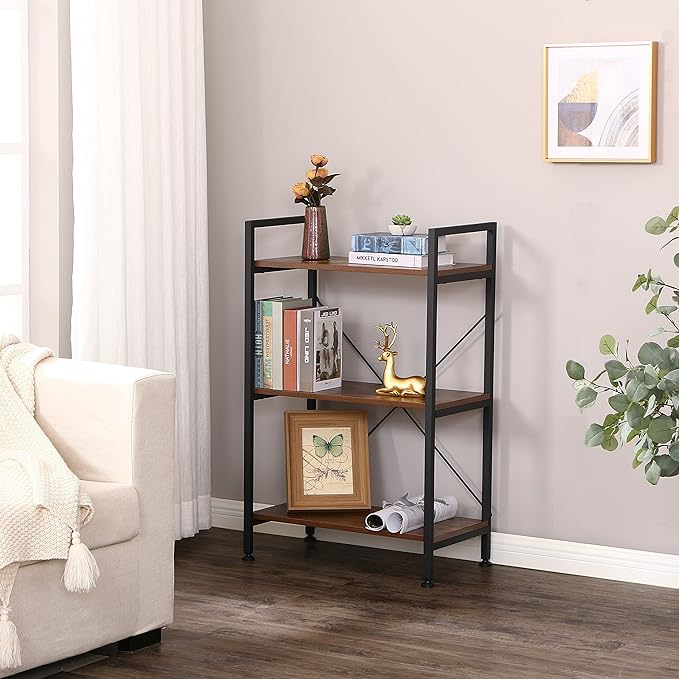 BEWISHOME 3 Tier Bookshelf, Rustic Small Book Shelf for Small Spaces, Brown Wooden Shelves for Bedroom Living Room and Home Office, 13.58" D x 24.21" W x 37" H, JCJ32Z