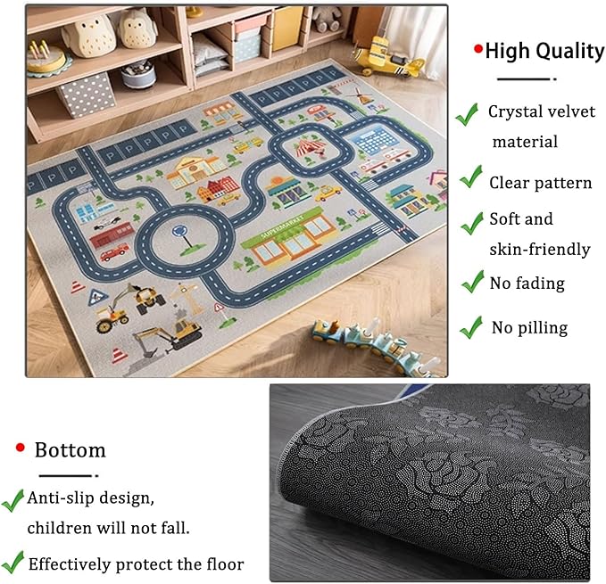 kid rug carpet playmat for toy cars and trains,road traffic kids play area rug,city Life town play Mat for Playroom Bedroom Boys,Children's Educational Fun Throw Rug with Rubber Backing 79X118IN
