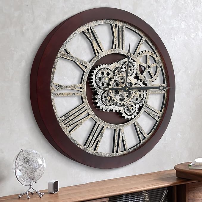 HOIBAI Wall Clock, Clocks for Living Room Decor 20 Inch Big Moving Gears Clock Farmhouse Vintage Rustic Wall Clock Vintage Roman Oversized for Home Bedroom House Kitchen Wall Decor