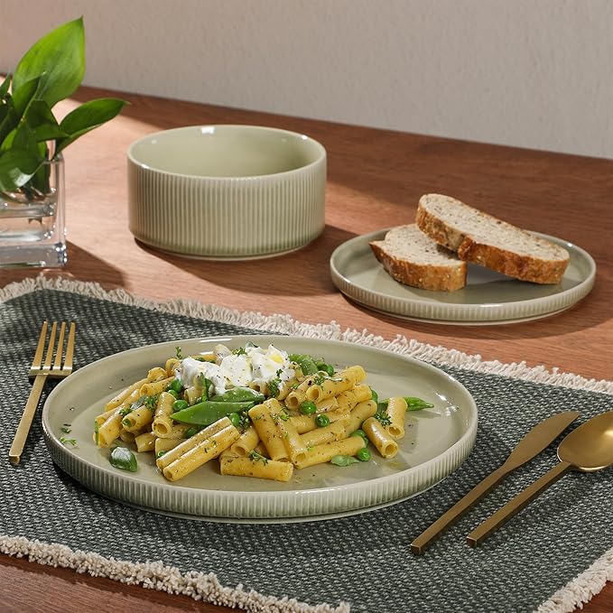 Gibson Elite Solana Coast 12 Piece Stoneware Reactive Glaze (Service for 4) Ceramic Plates and Bowls Modern Shape Embossed Dinnerware Set - Green