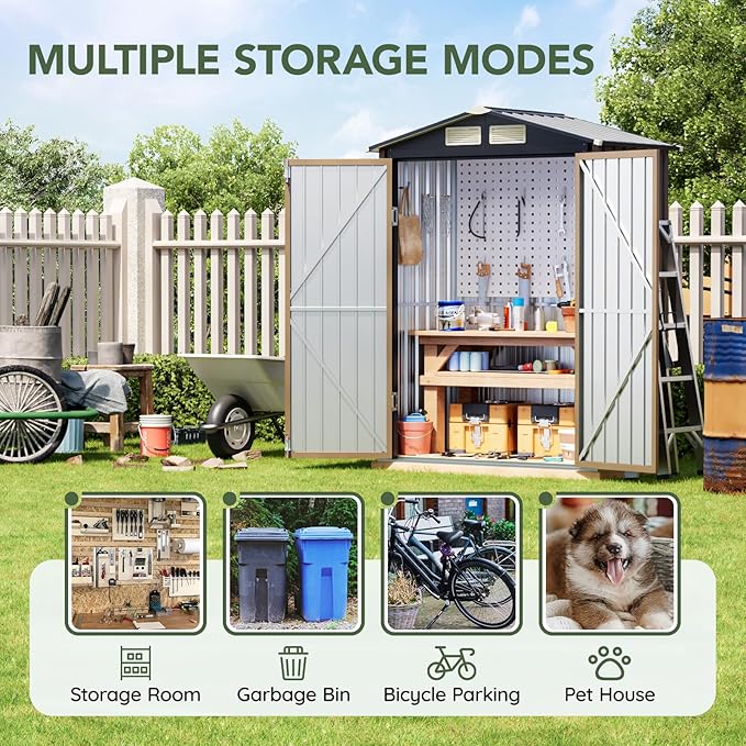 5x3 FT Outdoor Metal Storage Shed, Double Door, 1 Clear Window, Tool Shed for Garden, Patio, Backyard Brown
