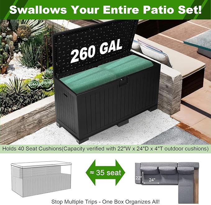 260 Gallon Outdoor Storage Box Waterproof, Extra Large Plastic Outside Deck Box Weatherproof, Resin Patio Storage Bin with Lock and Lids for Pool Equipment and Cushion, Black