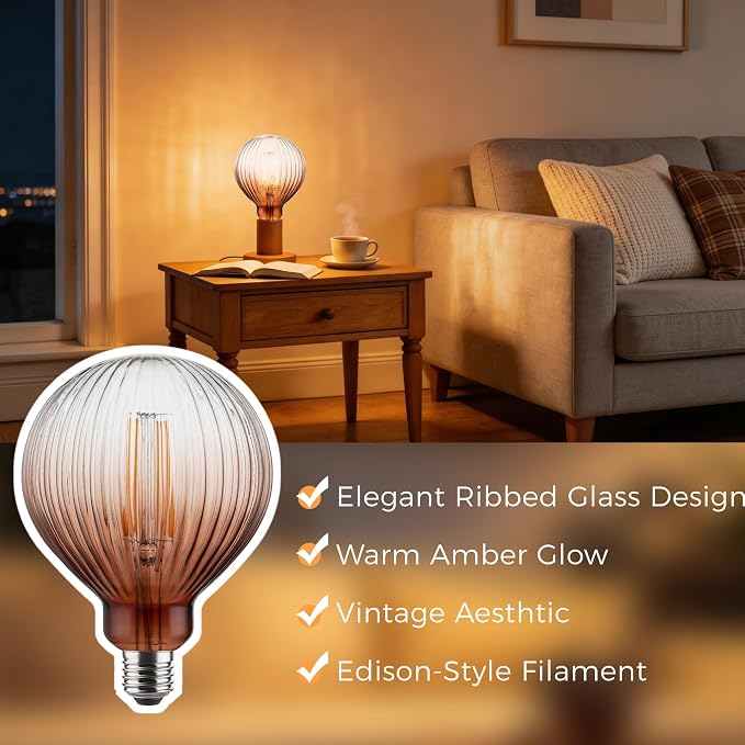 G125 Edison LED Bulb,4W Dim E26,2200K Gradient Brown Striated Glass | Large Globe Decorative Light Bulbs, Warm Ambient Glow, Dim, Match Lamps For Restaurant, Bar & Household Living Space