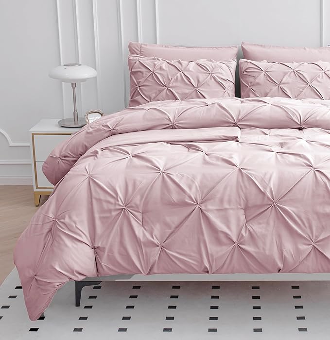 Lane Linen King Size Comforter Set, 7 Piece King Bedding Set, Pintuck King Bed in a Bag Set, King Size Pink Bed Set, Pinch Pleated King Size Comforter Set with Sheets, Pillowcases & Shams - Sepia Rose