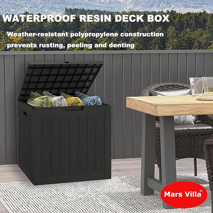 Mars Villa 31 Gallon Deck Box, Outdoor Storage Box Waterproof, Outside Resin Storage Bin for Outdoor Patio Furniture Cushions, Pool Supplies, Garden Tools, UV-Resistant and Weatherproof, Black