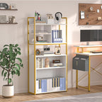 White Industrial Bookshelf, 6 Tier Tall Bookshelves Wood and Gold Metal Frame Standing Bookcase, Display Book Shelf with Adjustable Storage Shelves for Home Office, Living Room, Bed Room, White