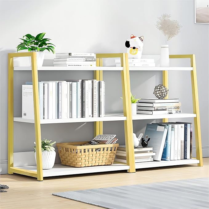 IOTXY 3 Tier Open Bookshelf - Steel and Wood Display Stand, 50CM Width Floor-Standing Bookcase, Gold