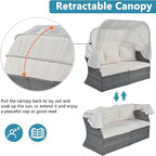 Rectangle Furniture Daybed Sunbed with Retractable Canopy, Outdoor Wicker Conversation Set with Cushions for Patio, Backyard, Porch, Garden, Hc-Beige