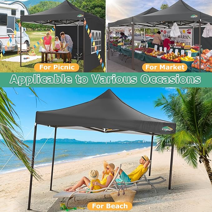 COBIZI 10x10 Pop Up Heavy Duty Canopy with 4 Sidewalls and Hexagonal Legs, Easy up Tent for Events, Parties, Camping, Outdoor Canopy with Portable Bag, Waterproof & UPF50+ (Gray)