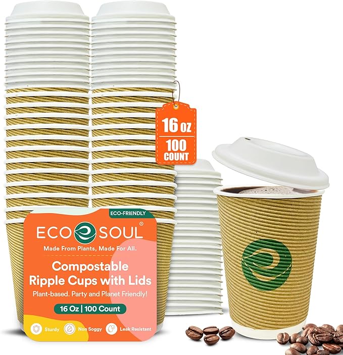 ECO SOUL 16oz Compostable Ripple Cups (100 Pack) – Biodegradable Paper Cups, Non-Toxic Disposable Cups for Hot Drinks, To-Go Coffee Cups, Eco-Friendly & Ripple Paper Cups