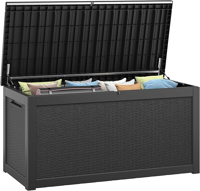 260 Gallon Resin Deck Box, Large Indoor and Outdoor Storage Box, Weatherproof and UV Resistant Outdoor Storage Box with Built-in Steel Beams for Patio Cushions, Pool Supplies