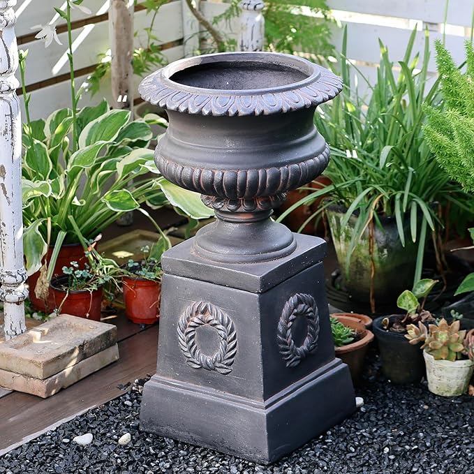 VISIBLE Classic Garden Urn Planter with Pedestal, Black Antique Finish, Cement Fiber Material, Decorative Leaf Pattern, 22 Inch Height, Indoor Outdoor Use, Delivered from Local Warehouse (Black)