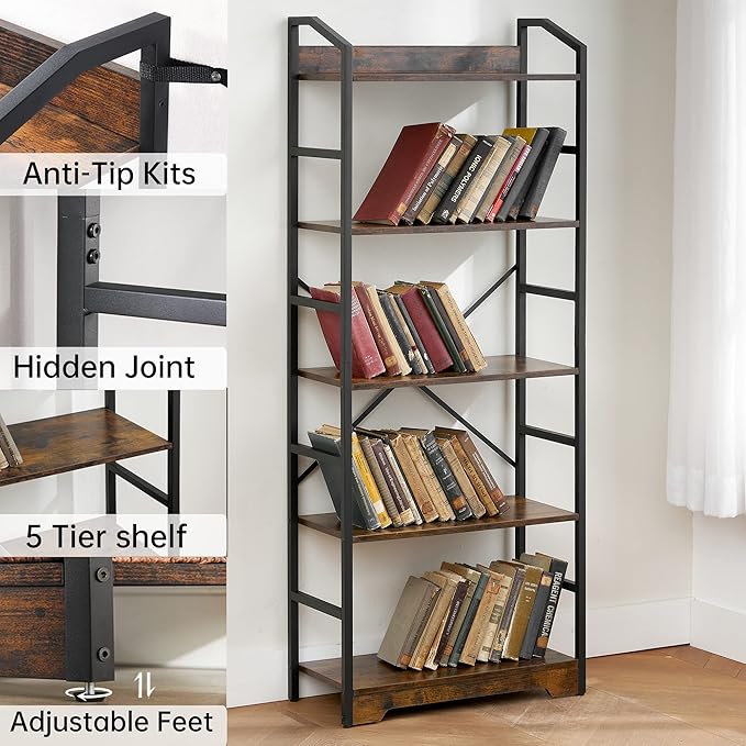 Vagusicc 5 Tier Bookshelf with 2 Storage Baskets, Tall Bookcase Shelf Storage Organizer Wood Book Shelf, Modern Shelf Rack Shelves with Steel Frame, Multipurpose Bookshelf for Bedroom Living Room