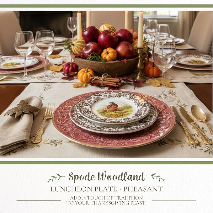 Spode Woodland Pheasant Luncheon Plate - 9" Fine Earthenware Plate with British Flowers Border, Rustic Game Bird Design - Dishwasher, Microwave, Oven & Freezer Safe - Made in England (Pack of 2)