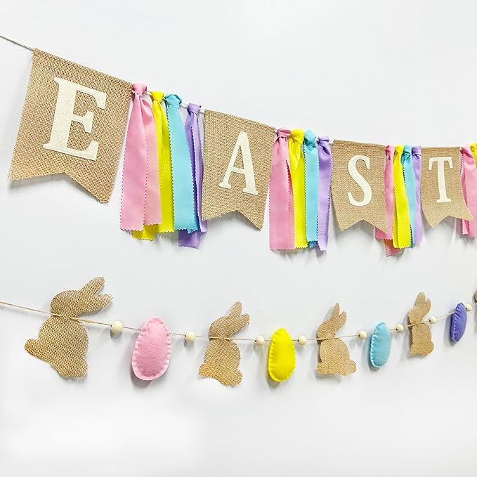Easter Party Decorations Burlap Rabbit Bunny 3D Felt Egg with Wood Beads Garland Felt Easter Sign Burlap Pennant Banner Flag with Pastel Ribbon for Easter Spring Birthday Baby Shower Party Supplies