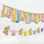 Easter Party Decorations Burlap Rabbit Bunny 3D Felt Egg with Wood Beads Garland Felt Easter Sign Burlap Pennant Banner Flag with Pastel Ribbon for Easter Spring Birthday Baby Shower Party Supplies