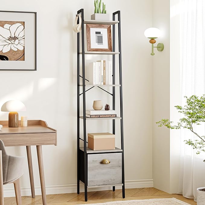 Narrow Bookshelf Bookcase with Drawer, Ladder Shelf with 2 Hooks, Bookshelves Storage Organizer, Freestanding Display Standing for Home Office, Bedroom, 6 Tier Greige BC19605B