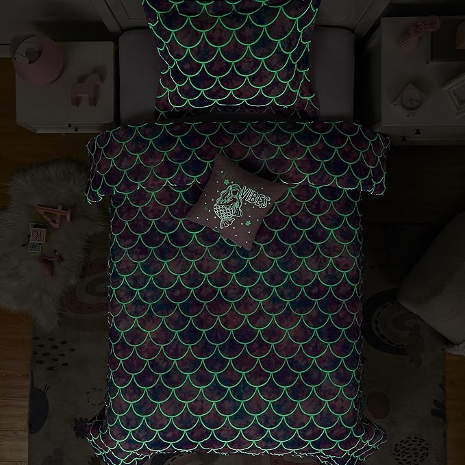 KALEIDOSPACE Pink Comforter Set Full for Kids, Glow in The Dark Mermaid Bedding Sets with Decor Pillow, 4 Pieces Girls Bed Set