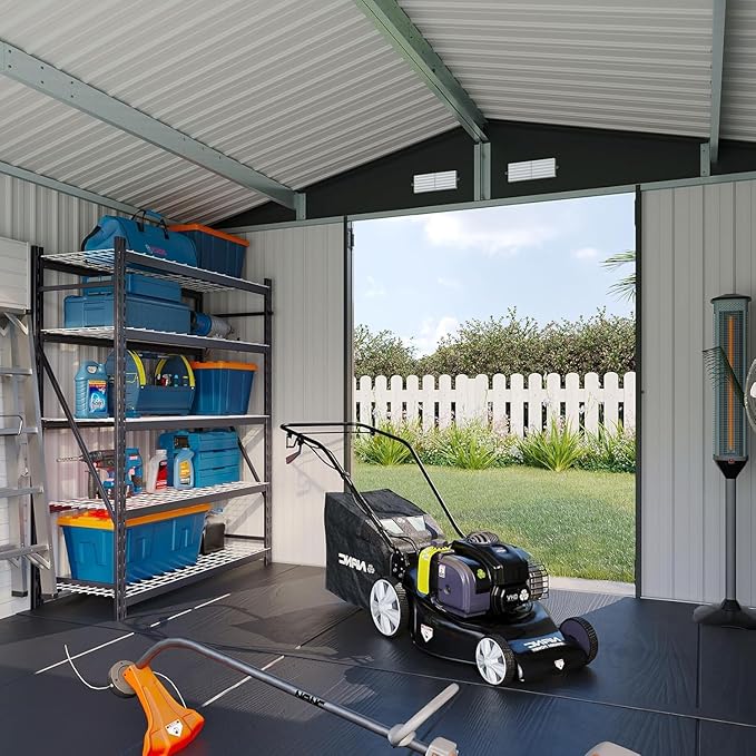 Aoxun 10x8 FT Galvanized Steel Outdoor Storage Shed - Metal Garden Shed with Double Doors, Thick Moisture-Proof Interlocking Floor, Ventilation System - Ideal for Generator & Tool Storage (Brown)