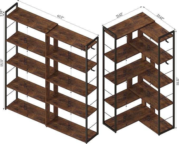 5 Tier Bookshelf Wood Bookcase with 2 Hooks Modern Corner Bookshelf Library Industrial Shelving Book Case Adjustable Book Shelves for Bedroom Living Room Home Office Rustic Brown