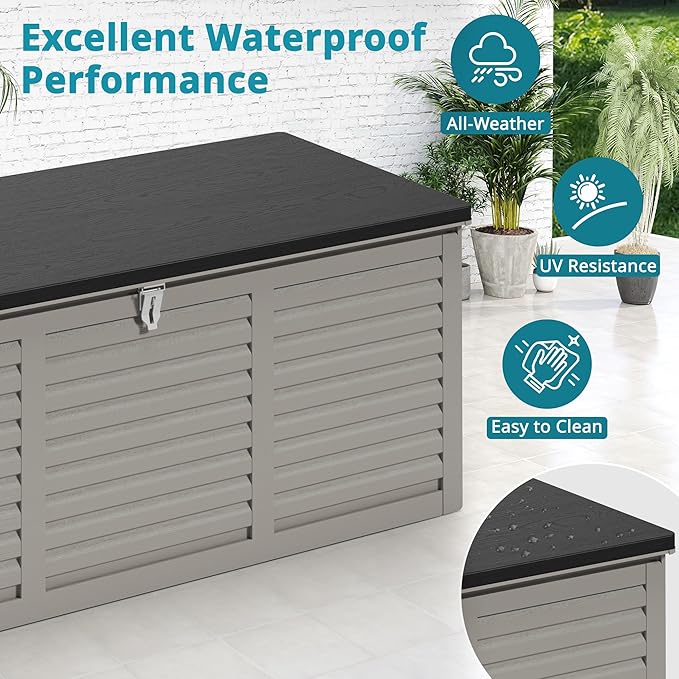 HUGROVE Resin Deck Box, 130 Gallon Outdoor Storage Box with Lockable Lid, Waterproof Patio Storage for Garden Tools & Outdoor Accessories (Dark Black) (Light Gray)