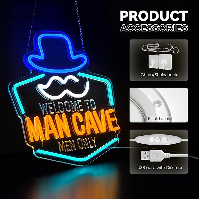 Man Cave Neon Sign, Gentleman Neon Signs for Wall Decor, Dimmable Acrylic Neon Lights for Man Cave Gamer Room Bedroom Bar Pub Party Decorations