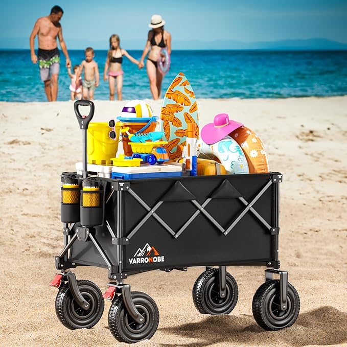 Big Rubber Wheels Beach Wagon Cart Foldable, 9x3 All-Terrain Wheels, Heavy Duty Collapsible Utility Wagon with 330lbs Capacity, Compact Storage, Easy Transport for Sand Camping Sports, Black
