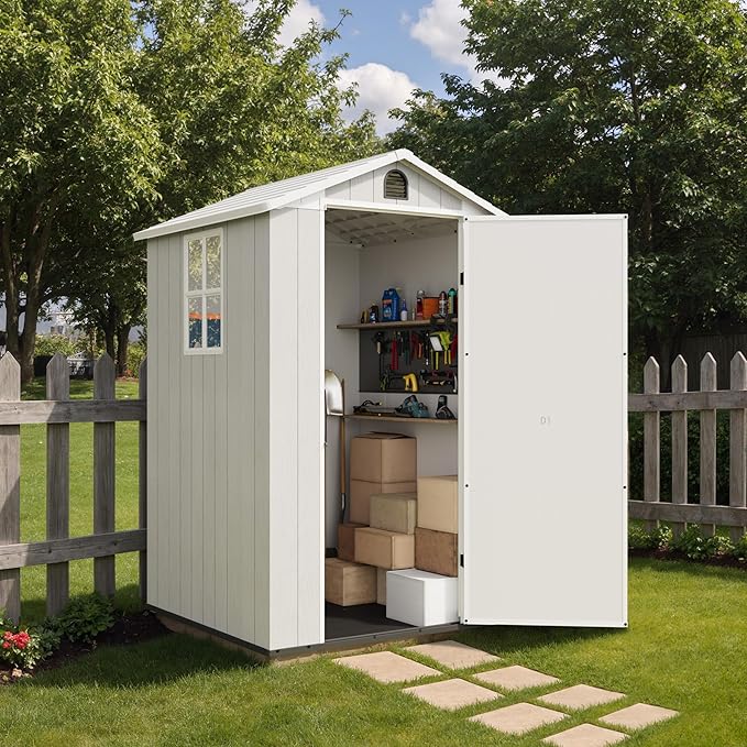 Greesum 4×4FT Plastic Outdoor Storage Shed with Floor, Resin Storaged Sheds with Lockable Door, Window & Vent, All-Weather Tool Sheds for Garden, Backyard, Patio, Light Gray (One-Piece Panel)