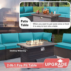 Patio Furniture Set with Fire Pit Table 8 PCS Outdoor Sectional Furniture Outdoor Rattan Patio Conversation Sets with 43in 55,000 BTU Propane Gas Fire Pit Table Glass Table, Blue