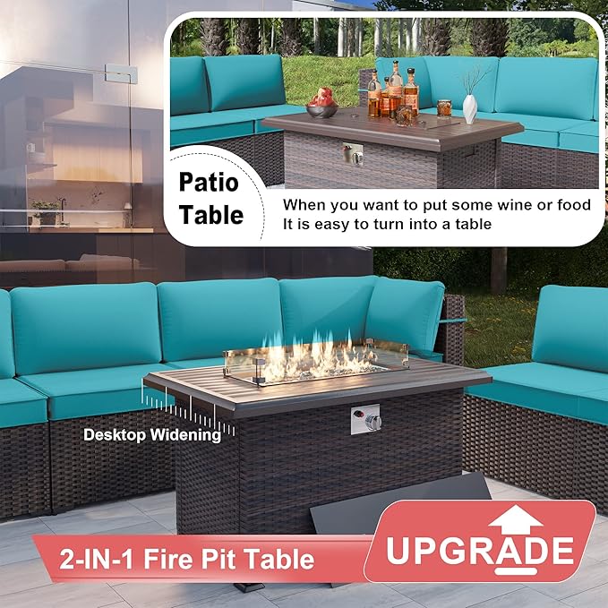 Patio Furniture Sectional Sofa Set 7 Pieces PE Rattan Outdoor Furniture w/43in Gas Fire Pit Table, Patio Conversation Set with 55000 BTU Propane Fire Pit, Blue