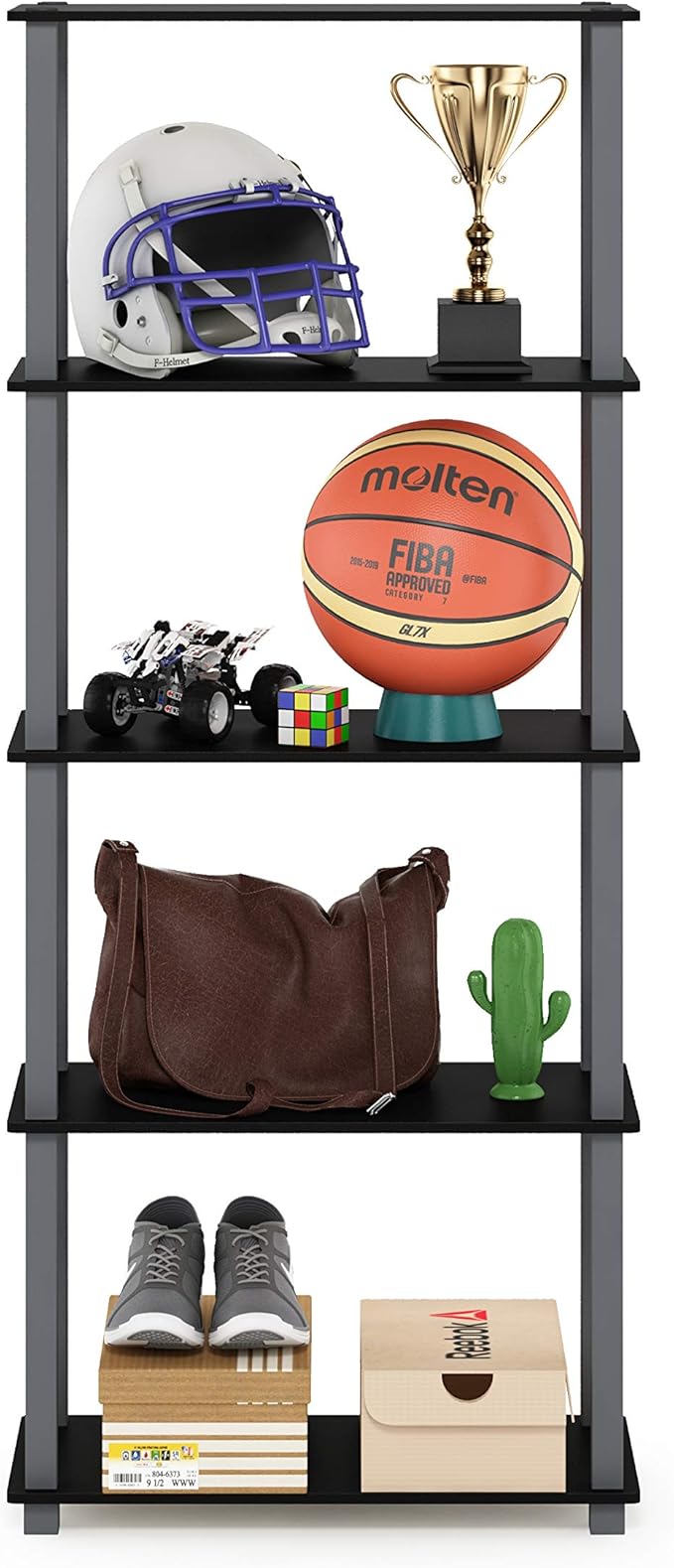 Furinno Turn-N-Tube 5-Tier Multipurpose Shelf / Display Rack / Storage Shelf / Bookshelf, Square Tubes, Black/Grey