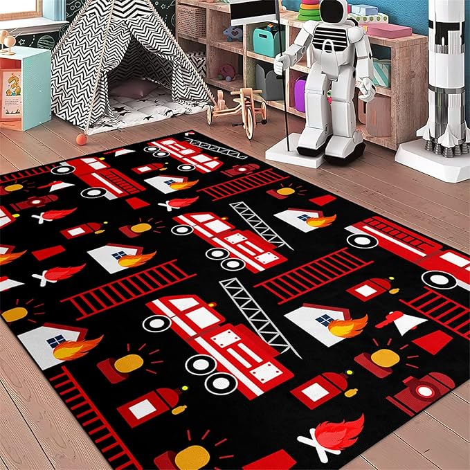 Car Play Rug Fire Fighting Truck Area Rug Car Rug Play Mat Kids Rugs for Playroomcar Rug for Boys Room Carpet Floor Mat for Bedroom Living Room,Black 4'5''×6'