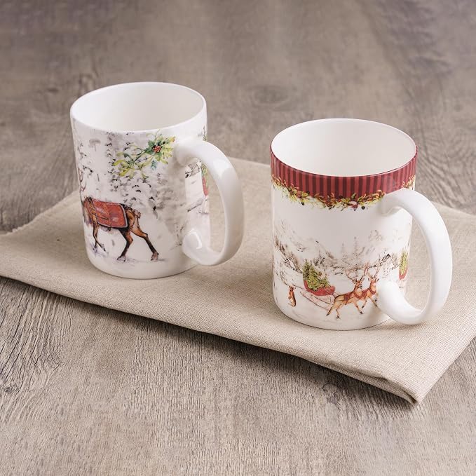 Maison d' Hermine Coffee Mug with Handles Tea Cups (15 Ounce, Pack of 2) | Fine Bone China Coffee Mugs for Hot Beverages Cappuccino Latte Home Restaurant Hotel Spring Summer -Christmas Tradition