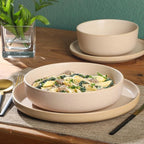 Gibson Elite Pasco 16 Piece (Service for 4) Plates and Bowls Double Bowl Reactive Glaze Dishes Stoneware Ceramic Dinnerware Set - Cream