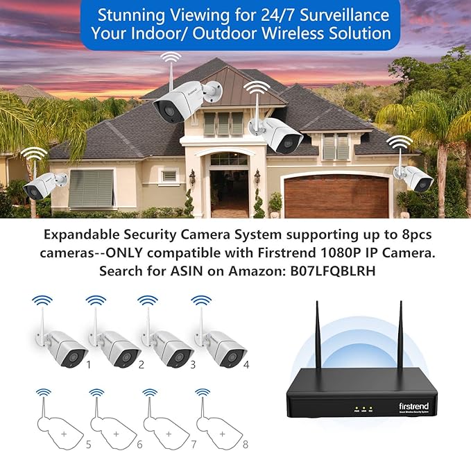 1080P Wireless Security Camera System, Firstrend 8CH Wireless NVR System with 8 pcs 1080P HD Security Camera and 3TB Hard Drive Pre-Installed, CCTV P2P for Indoor Outdoor for Home