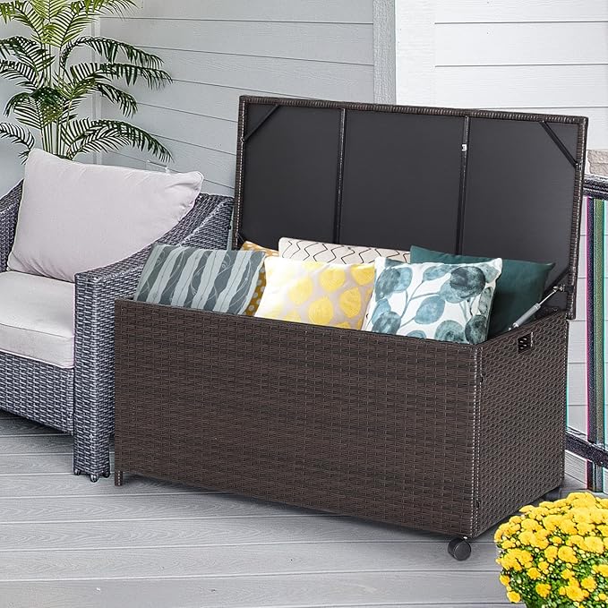 Tangkula 50 Gallon Wicker Deck Storage Box, Patio Rattan Storage Container with 2 Universal Wheels, Safety Pneumatic Rod, Zippered Liner, Sturdy Steel Frame, Ideal for Backyard, Poolside