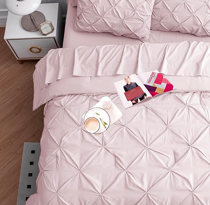 Lane Linen King Size Comforter Set, 7 Piece King Bedding Set, Pintuck King Bed in a Bag Set, King Size Pink Bed Set, Pinch Pleated King Size Comforter Set with Sheets, Pillowcases & Shams - Sepia Rose